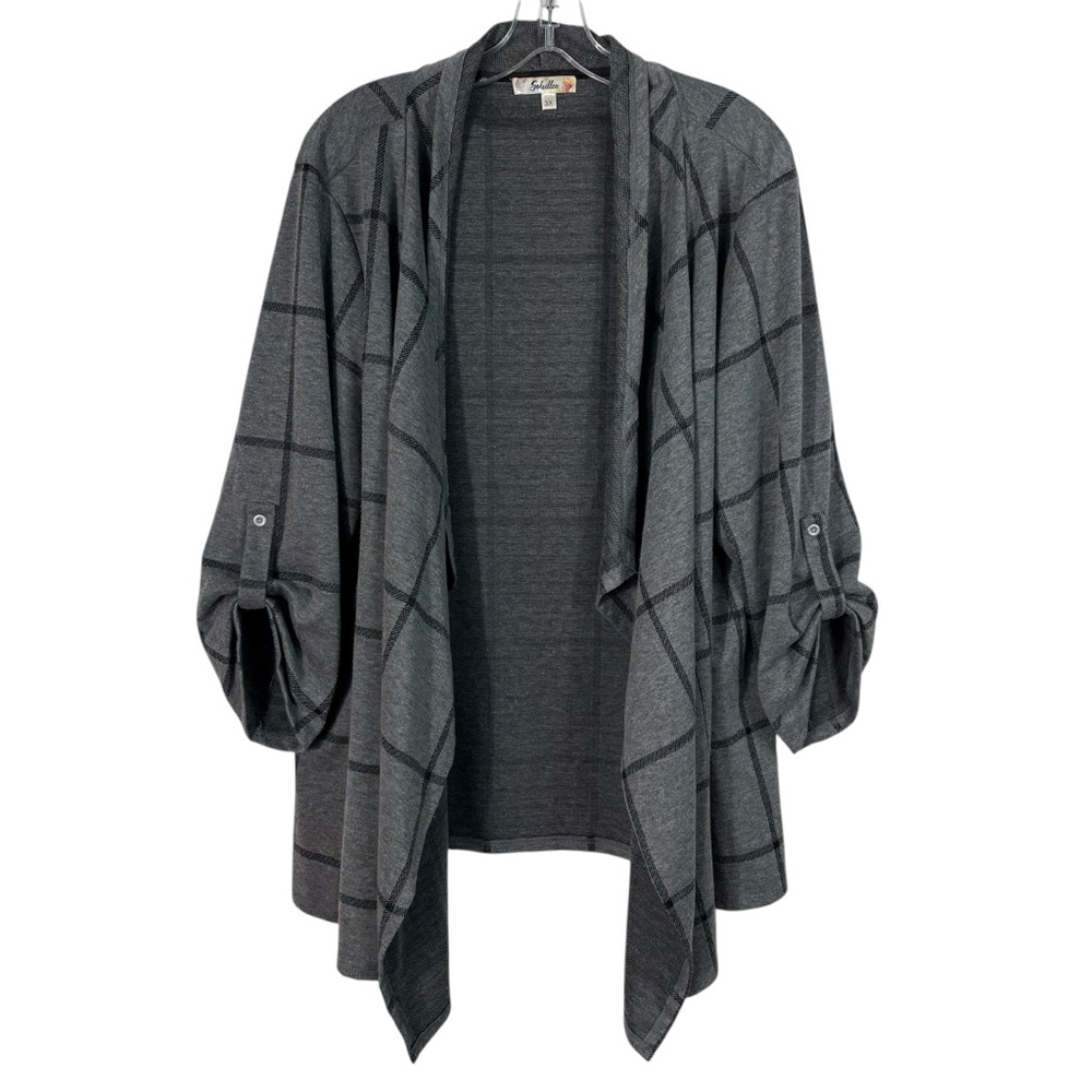 Soleillee Gray Black Plaid Roll Tab Sleeve Lightweight Plaid Cardigan Top 3X